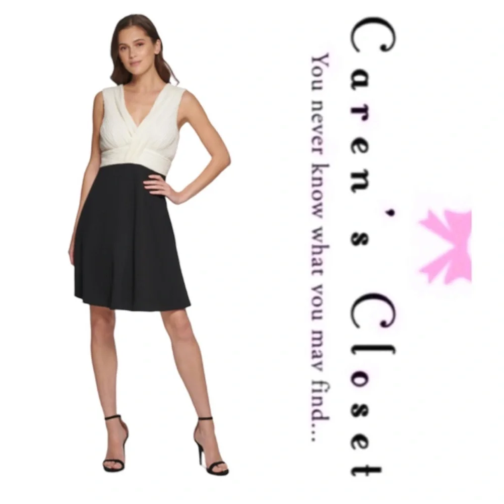 DKNY Black & White Chiffon Stretch Knit Cocktail Skater Fit & Flare Dress - Picture 2 of 16